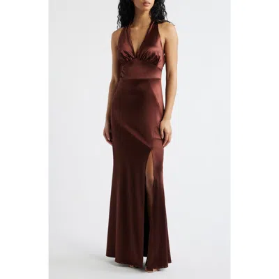 Jump Apparel Royale Satin Halter Gown In Chocolate