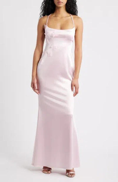 Jump Apparel Royale Satin Lace Up Back Gown In Blush