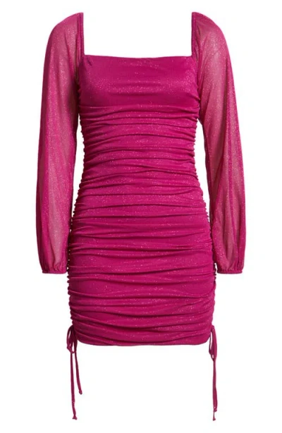 Jump Apparel Ruched Glitter Long Sleeve Minidress In Pink