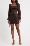 Jump Apparel Ruched Glitter Long Sleeve Minidress In Brown