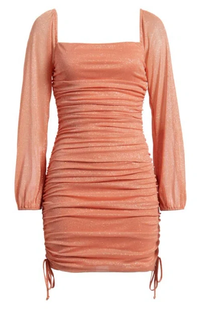 Jump Apparel Ruched Glitter Long Sleeve Minidress In Orange