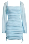 Jump Apparel Ruched Glitter Long Sleeve Minidress In Blue