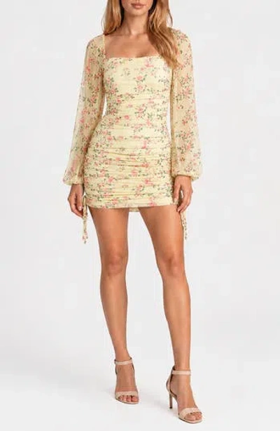 Jump Apparel Ruched Long Sleeve Minidress In Yellow Multi