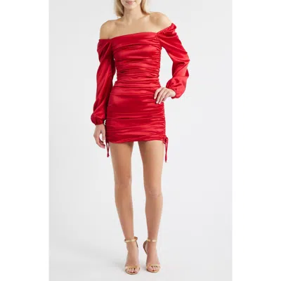 Jump Apparel Ruched Off The Shoulder Long Sleeve Satin Minidress In Red