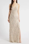 Jump Apparel Sequin & Bead Tie Back Gown In Beige