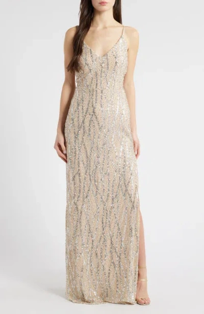 Jump Apparel Sequin & Bead Tie Back Gown In Beige