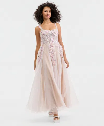 Jump Juniors' 3d-floral Illusion-bodice Gown In Neutral