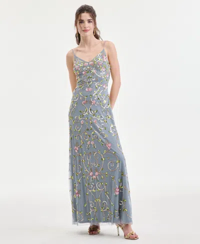 Jump Juniors' Floral Sequin Sleeveless Mesh Gown In Gray
