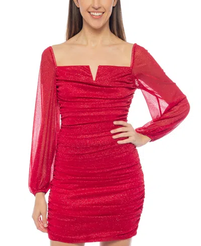 Jump Women's Glitter-finish Ruched Sheer-sleeve Dress In Red