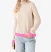 JUMPER1234 CONTRAST ROLL COLLAR SWEATER IN OATMEAL/HOT PINK