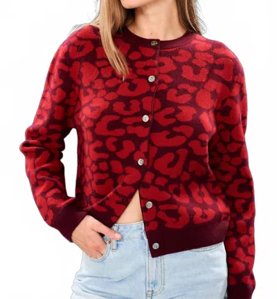 Jumper1234 Merino Leopard Cred Cardigan In Burgundy And Red