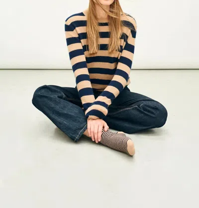 Jumper1234 Stripe Distressed Crew Top In Camel And Navy In Brown