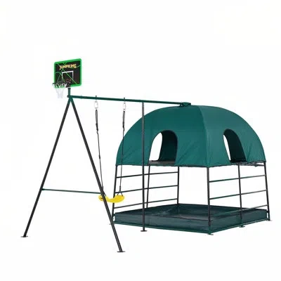 Jumpking Climbing Den & Outdoor Playset — Play Structure With Swing, Basketball Hoop, & Ball Pit Area In Black;green