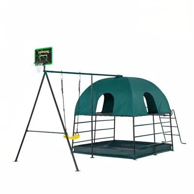 Jumpking Multi-activity Add-on – Swing, Basketball & Fire Pole Extension (compatible With Jkcf) In Black;green