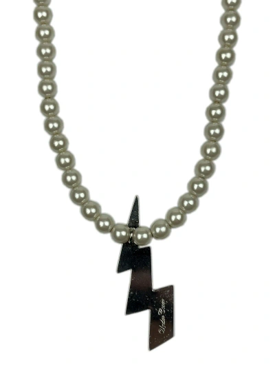 Pre-owned Jun Takahashi X Undercover Patti Smith Lightning Bolt Pearl Chain Necklace In Silver