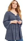 June + Vie Acid Wash Peasant Blouse In Blue