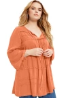 June + Vie Acid Wash Peasant Blouse In Brown