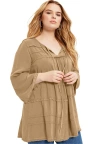June + Vie Acid Wash Peasant Blouse In Brown