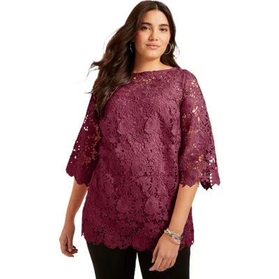 June + Vie Allover Lace Top In Burgundy