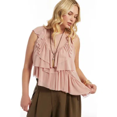 June + Vie Asymmetric Ruffle Mesh Top In Pink