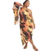 June + Vie Asymmetrical One-sleeve Cape Dress In Multi