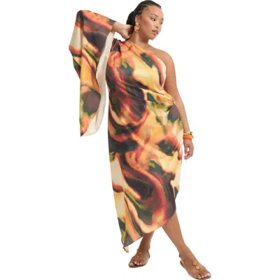 June + Vie Asymmetrical One-sleeve Cape Dress In Multi