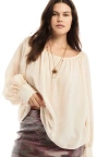 June + Vie Boat Neck Balloon-sleeve Blouse In White