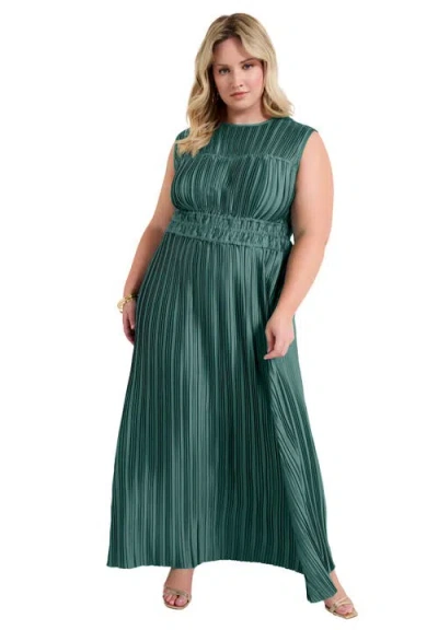 June + Vie Boatneck Plisse Cap-sleeve Maxi Dress In Green
