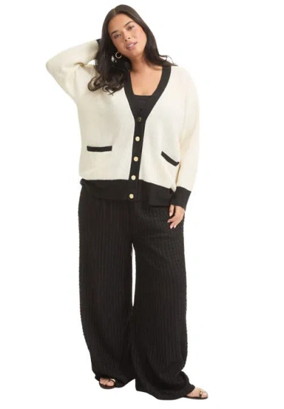 June + Vie Contrast V-neck Cardigan In Black