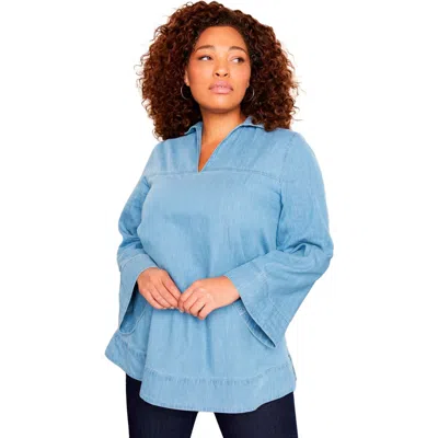 June + Vie Cotton Denim Blouse In Brown