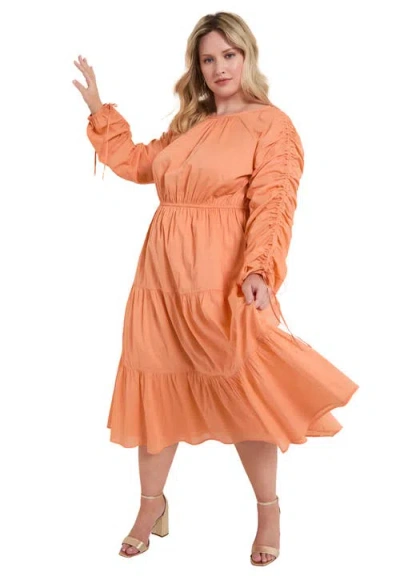 June + Vie Cotton Voile Ruched Midi Dress In Orange