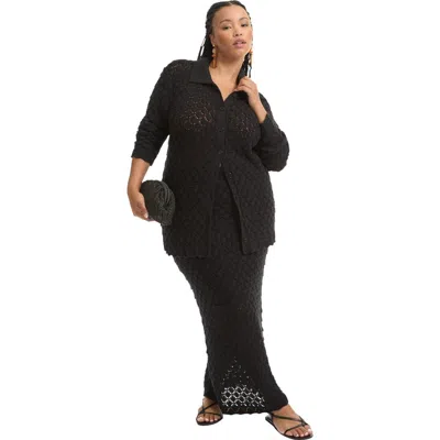 June + Vie Crochet Button Down Shirt In Black