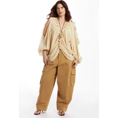 June + Vie Draped Off-the-shoulder Blouse In Brown