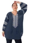June + Vie Embroidered Peasant Blouse In Blue