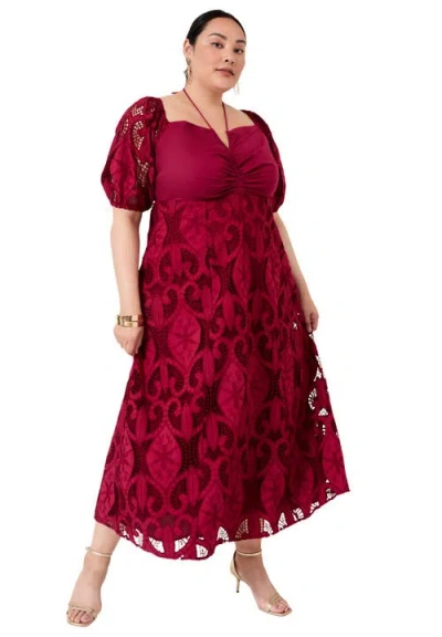 June + Vie Eyelet Puff Sleeve Peasant Dress In Red