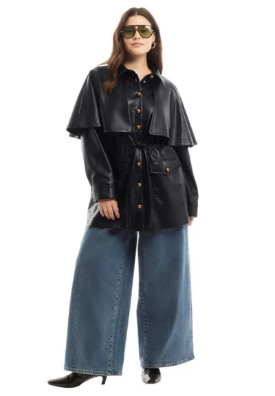 June + Vie Faux Leather Cape Jacket In Black