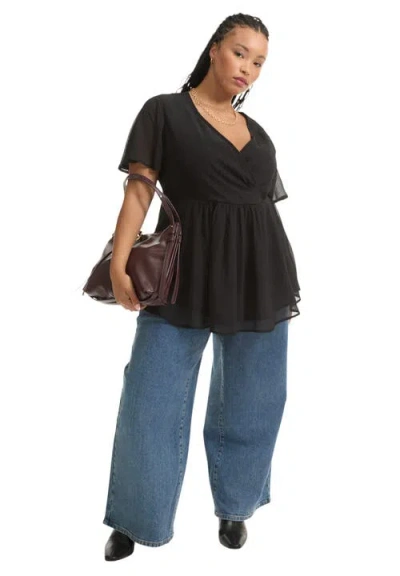 June + Vie Faux Wrap Fit-and-flare Top In Black