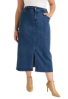 June + Vie Front-slit Denim Midi Skirt In Blue
