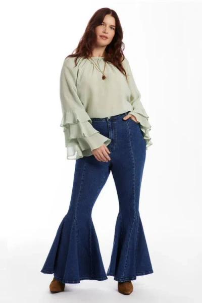June + Vie High Waisted Flare Godet Jean In Blue
