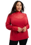 June + Vie Lace Yoke Mockneck Top In Red