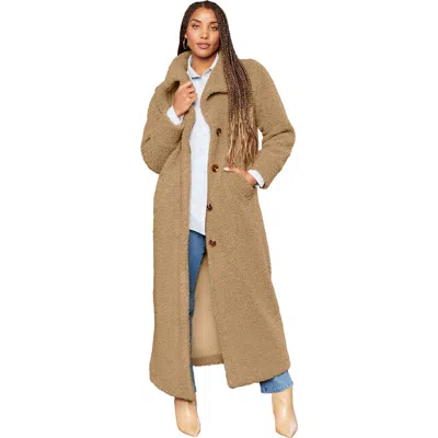 June + Vie Maxi Teddy Fleece Coat In Brown