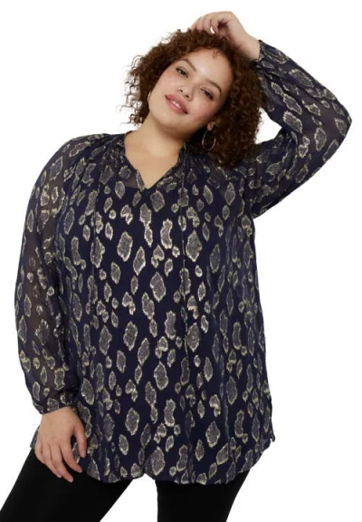 June + Vie Metallic Print Blouse In Blue