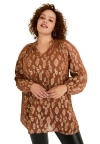 June + Vie Metallic Print Blouse In Brown