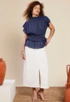 June + Vie Mockneck Ruffle Blouse In Blue