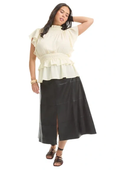 June + Vie Mockneck Ruffle Blouse In White