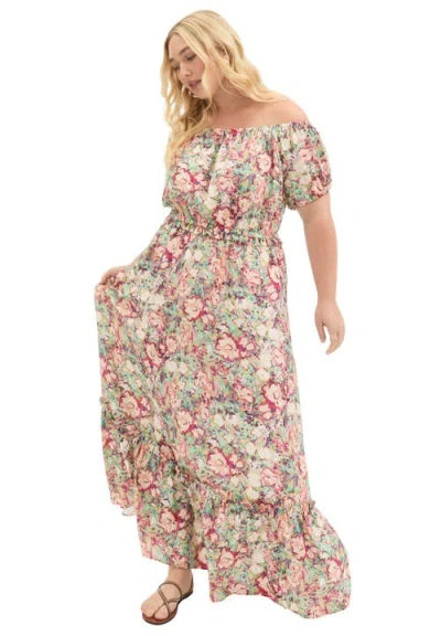 June + Vie Off-the-shoulder Maxi Dress In Multi
