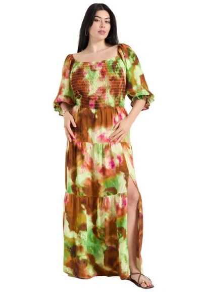 June + Vie Off-the-shoulder Smocked Cropped Top In Multi