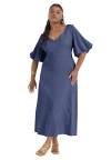 June + Vie Puff-sleeve Babydoll Maxi Dress In Blue
