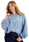 June + Vie Puff Sleeve Chambray Jacket In Blue