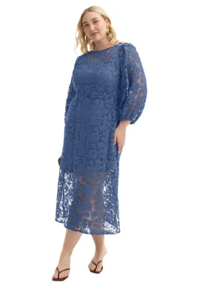 June + Vie Puff Sleeve Lace Midi Dress In Blue